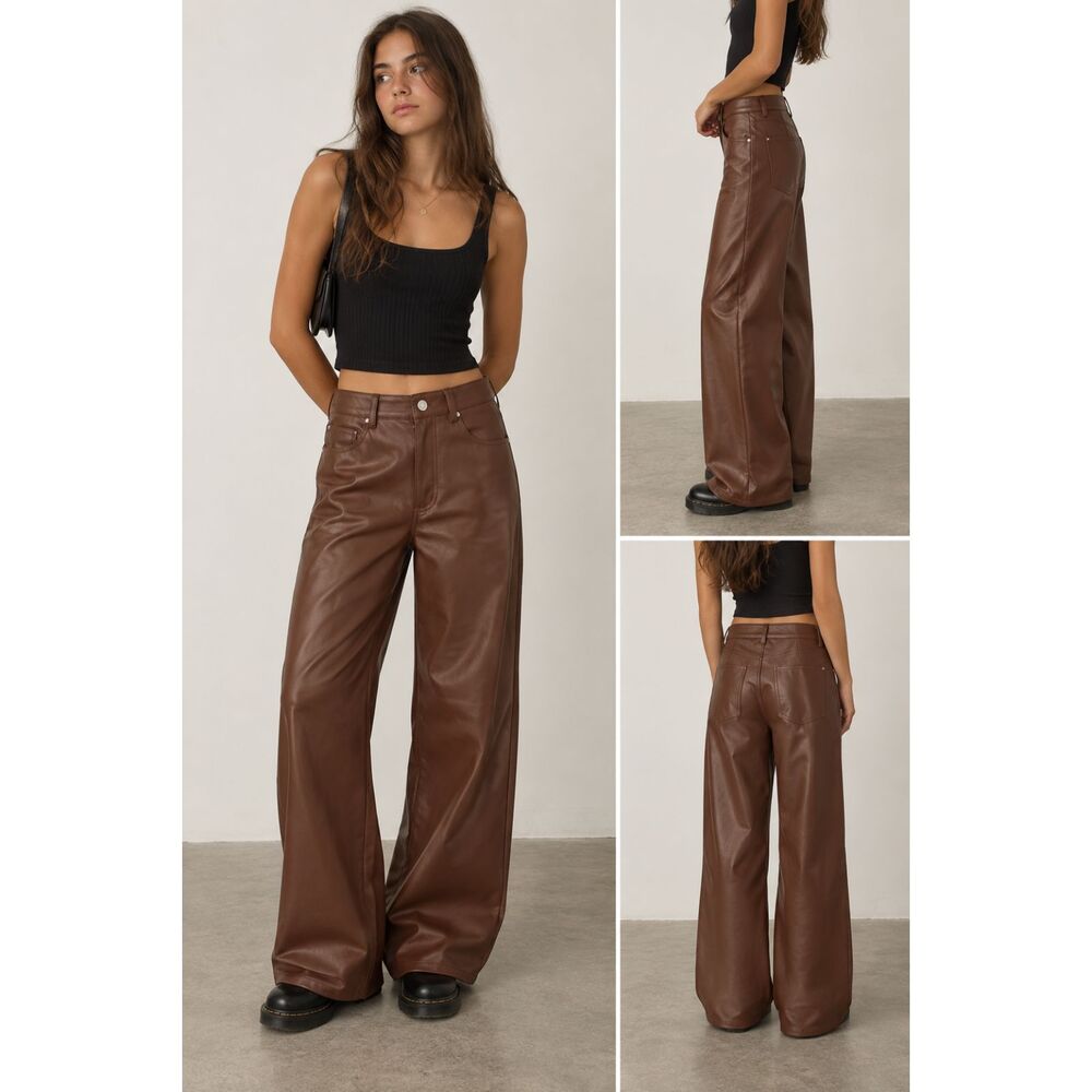 WEWOREWHAT Faux Leather High Rise Dad Pant Brown Sz 24